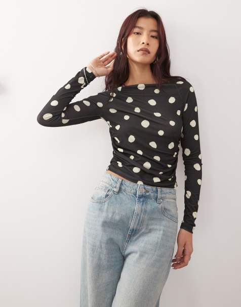 Reclaimed Vintage long sleeve top with ruched side in black and yellow polka dot - view 1