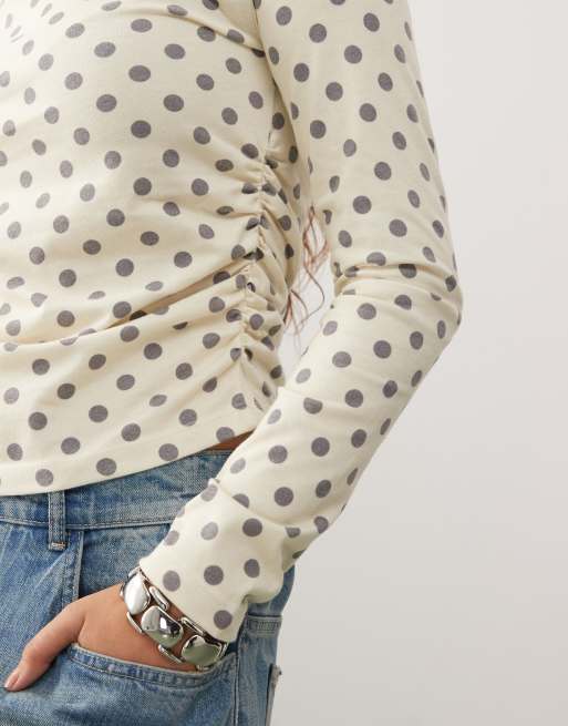 Reclaimed Vintage long sleeve top with ruched side in polka dot, 3 of 4