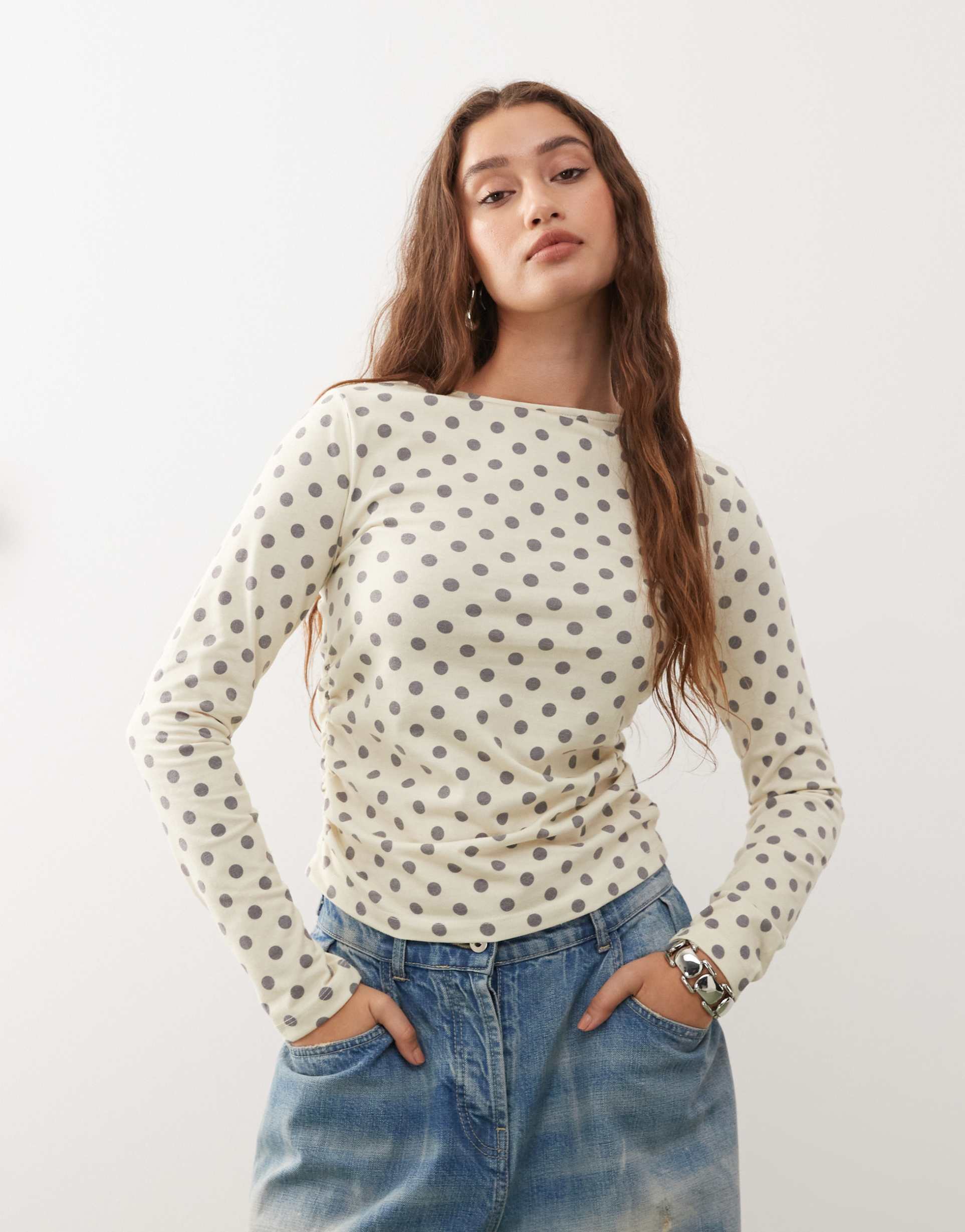reclaimed vintage long sleeve top with ruched sides in polka dots