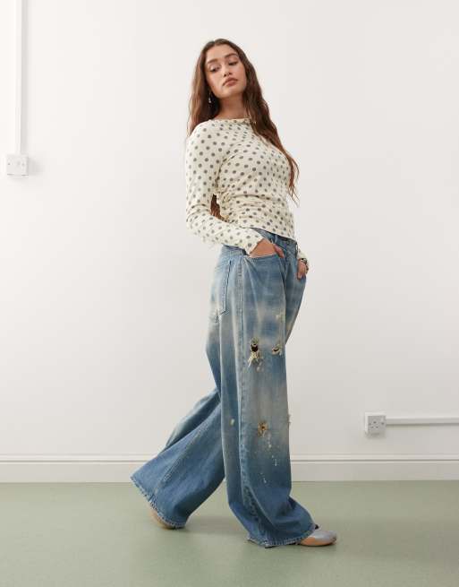Reclaimed Vintage long sleeve top with ruched side in polka dot