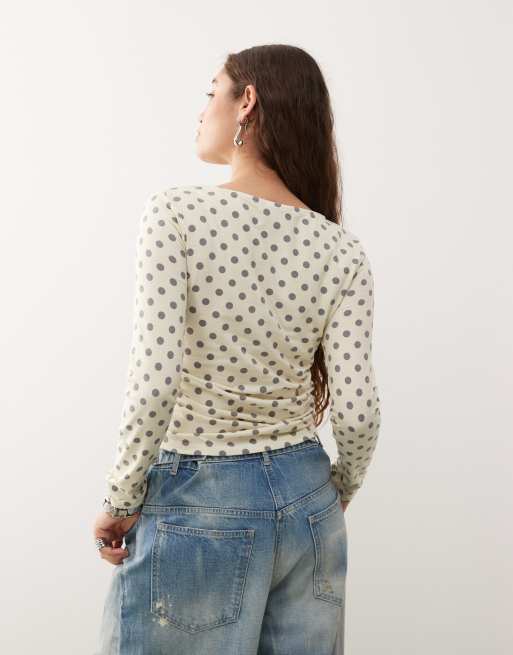 Reclaimed Vintage long sleeve top with ruched side in polka dot