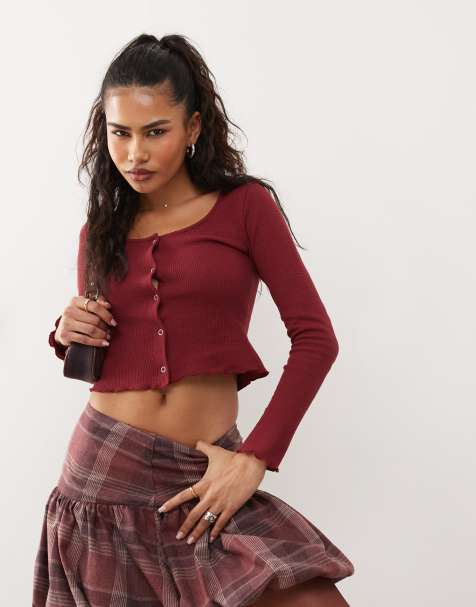 Reclaimed Vintage long sleeve waffle button up top in burgundy - view 1