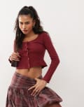 [Reclaimed Vintage] Reclaimed Vintage long sleeve waffle button up top in burgundy-Red M BURGUNDY