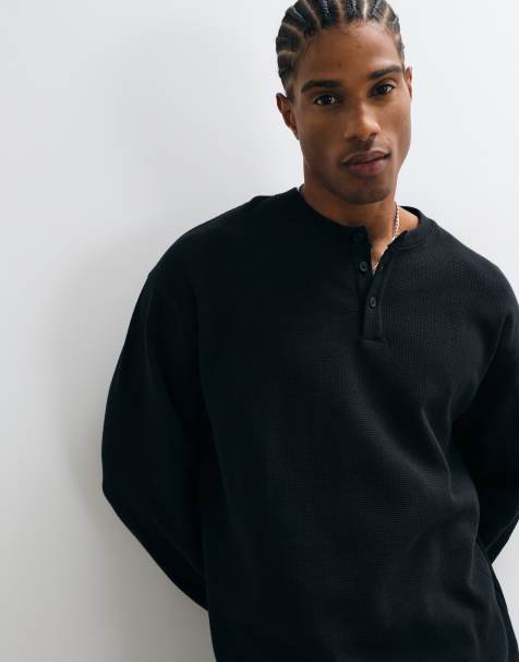 Reclaimed Vintage long sleeve waffle knit henley t-shirt in black - view 1