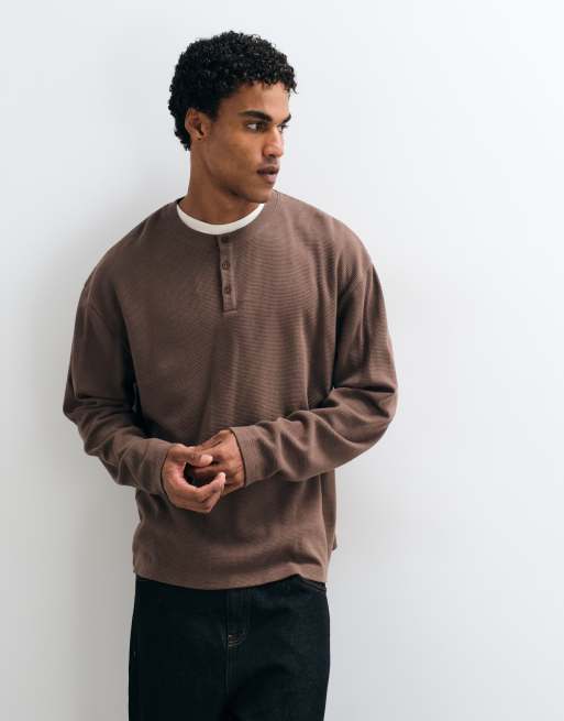 Reclaimed Vintage long sleeve waffle knit henley t-shirt in brown, 2 of 5