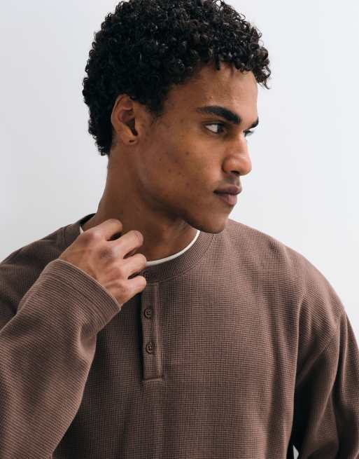 Reclaimed Vintage long sleeve waffle knit henley t-shirt in brown, 3 of 5