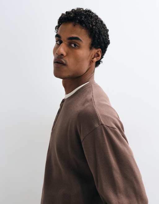 Reclaimed Vintage long sleeve waffle knit henley t-shirt in brown, 4 of 5