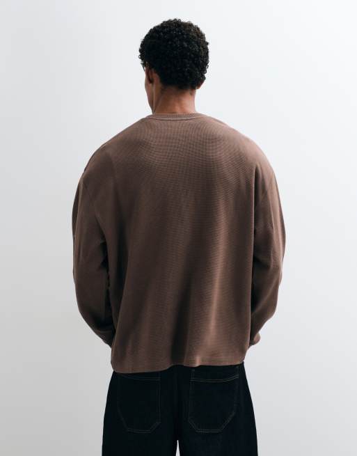 Reclaimed Vintage long sleeve waffle knit henley t-shirt in brown, 5 of 5