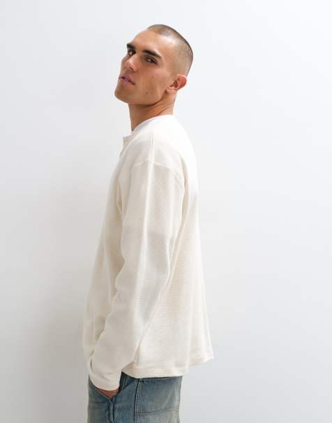 Reclaimed Vintage long sleeve waffle knit henley t-shirt in cream - view 1