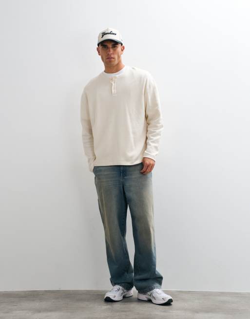 Reclaimed Vintage long sleeve waffle knit henley t-shirt in cream, 1 of 5
