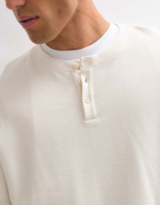 Reclaimed Vintage long sleeve waffle knit henley t-shirt in cream, 2 of 5