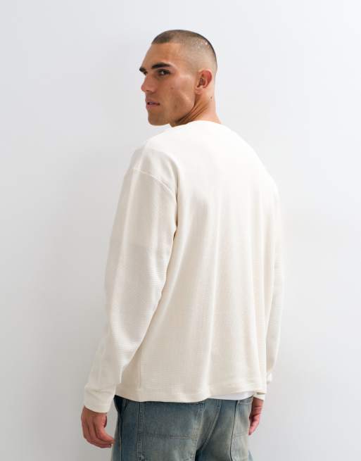 Reclaimed Vintage long sleeve waffle knit henley t-shirt in cream, 3 of 5