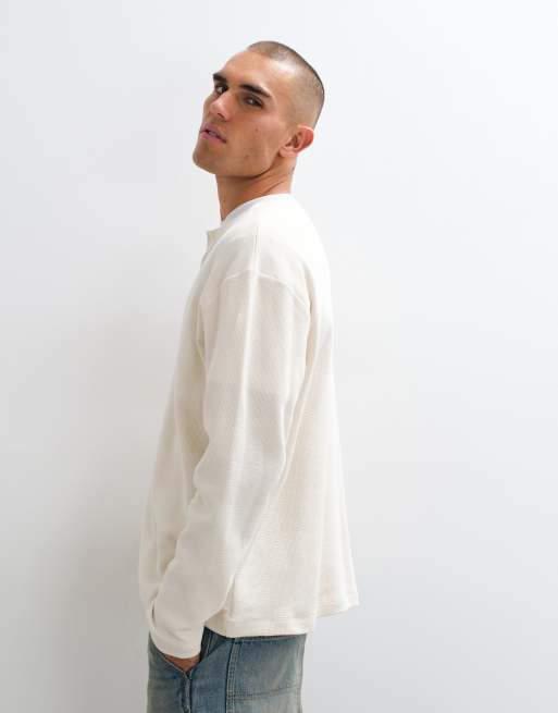 Reclaimed Vintage long sleeve waffle knit henley t-shirt in cream, 4 of 5