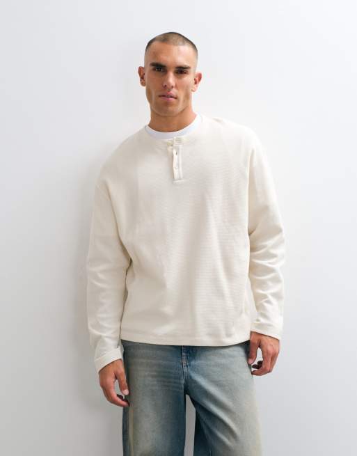 Reclaimed Vintage long sleeve waffle knit henley t-shirt in cream, 5 of 5