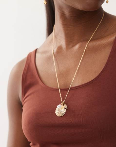 Reclaimed Vintage longer length necklace with shell in gold - view 1