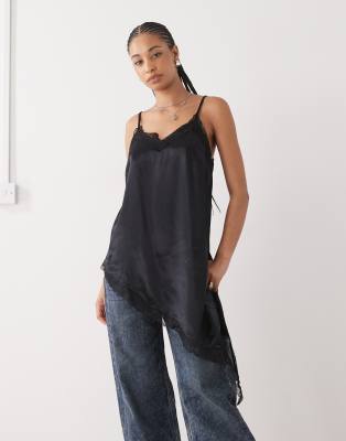 Reclaimed Vintage Longline Asymmetric Cami Top With Lace Trim In Black