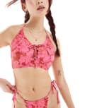 [Reclaimed Vintage] Reclaimed Vintage longline bikini top with macrame detail in pink print-Multi 4 print