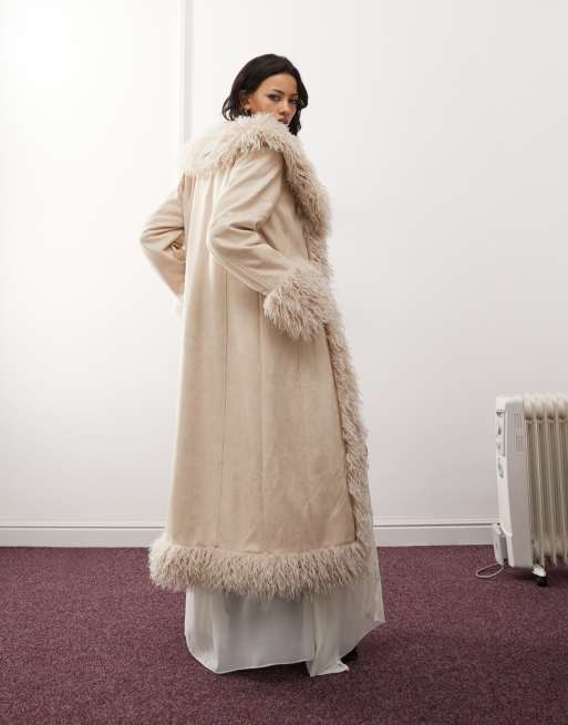 Reclaimed Vintage longline coat in off white with fur trims