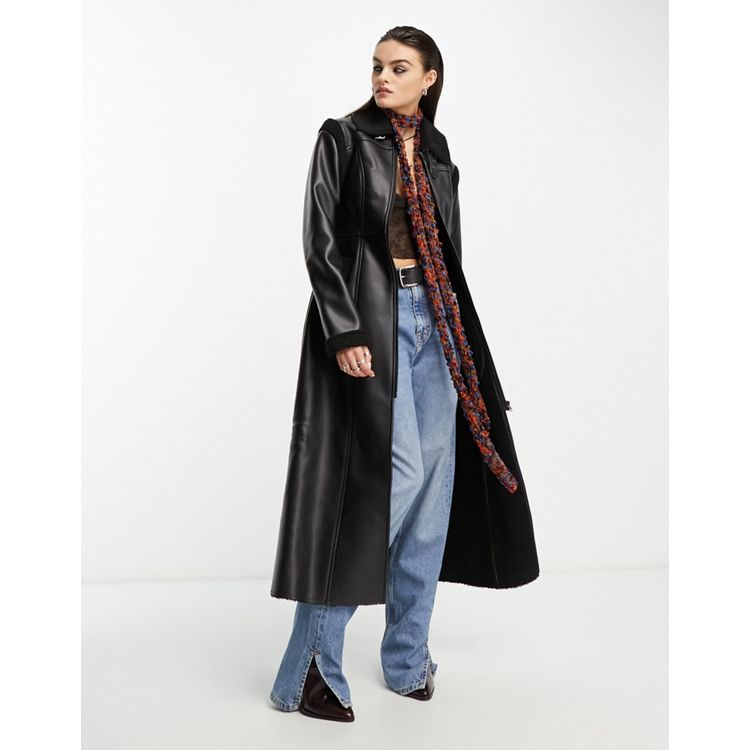 Longline Faux Leather Belted Coat in Black - Roman Originals UK