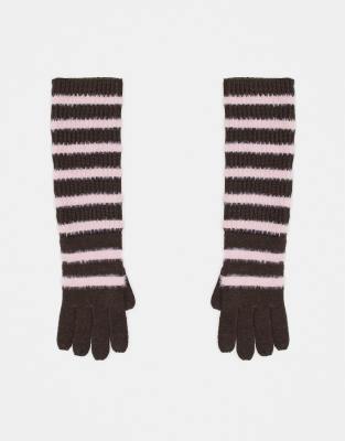 longline gloves in brown and pink stripe-Multi