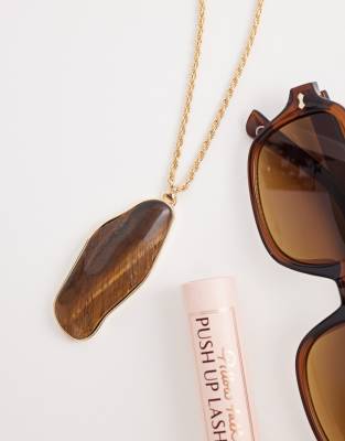 Reclaimed Vintage - Longline-Kette in Gold-Optik mit Anhänger mit Tigerauge-Halbedelstein-Goldfarben