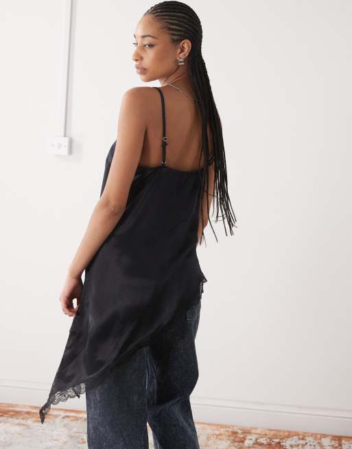 Reclaimed Vintage longline layering cami top with asymmetric hem and lace trim in black