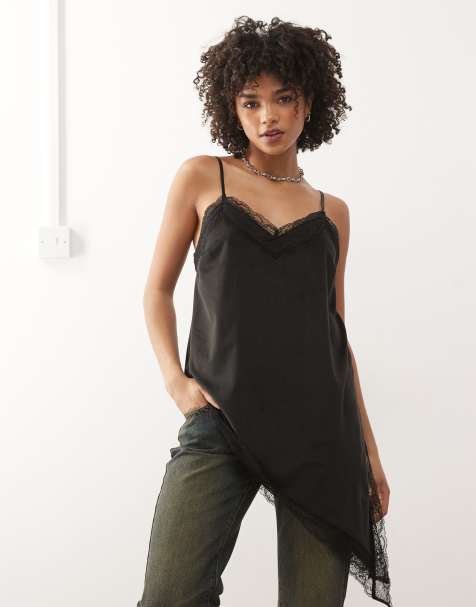 Reclaimed Vintage longline layering cami top with asymmetric hem in black velvet - view 1