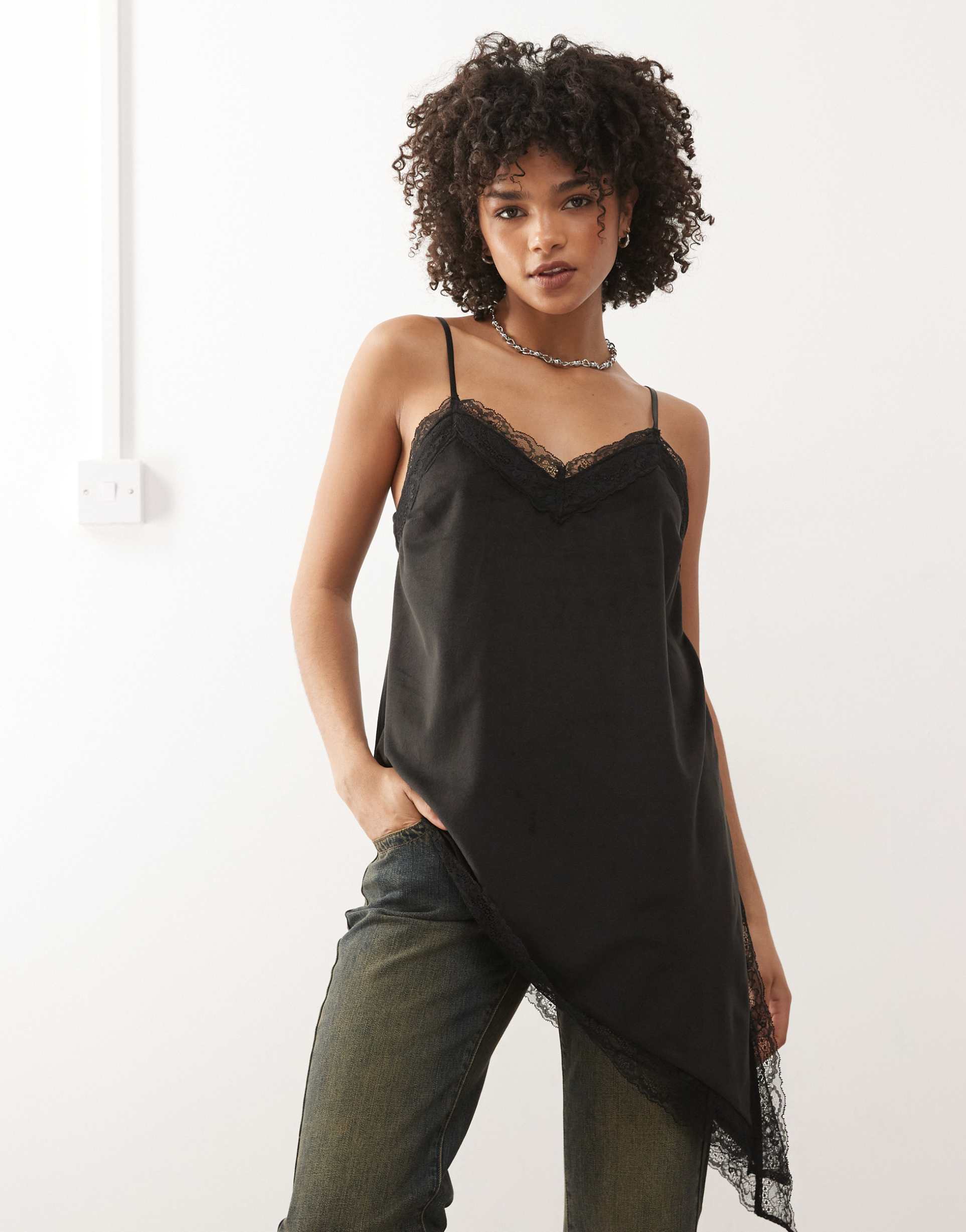 reclaimed vintage longline layering cami top with asymmetric hem in black velvet