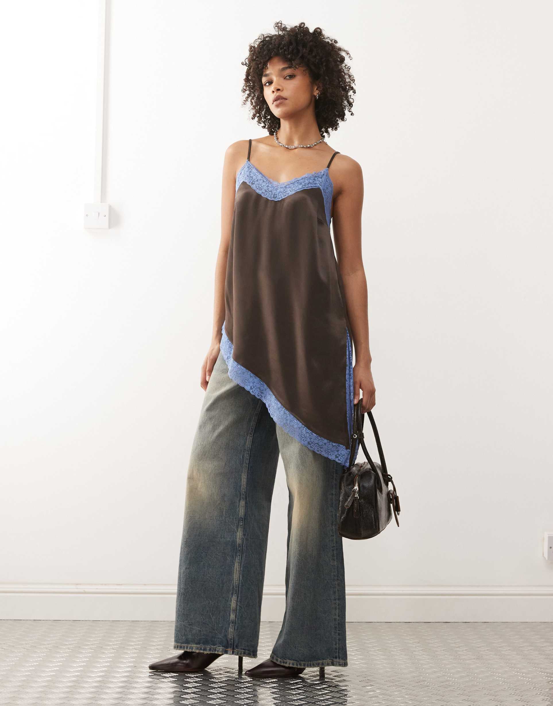 reclaimed vintage longline layering cami top with asymmetric hem in brown with contrast blue lace
