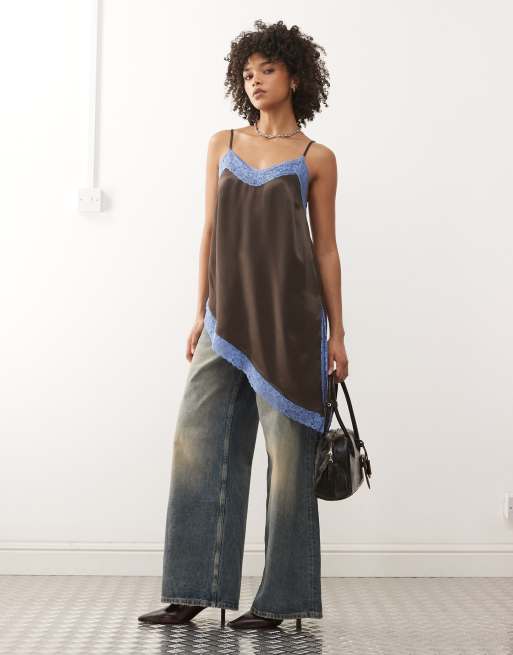 Reclaimed Vintage longline layering cami top with asymmetric hem in brown with contrast blue lace, 2 of 4
