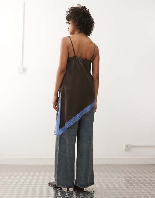 Reclaimed Vintage longline layering cami top with asymmetric hem in brown with contrast blue lace, 4 of 4