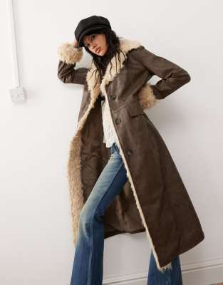 longline leather look coat with faux fur trims-Brown