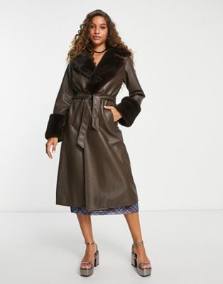Reclaimed Vintage longline leather look mac with detachable faux fur collar in chocolate