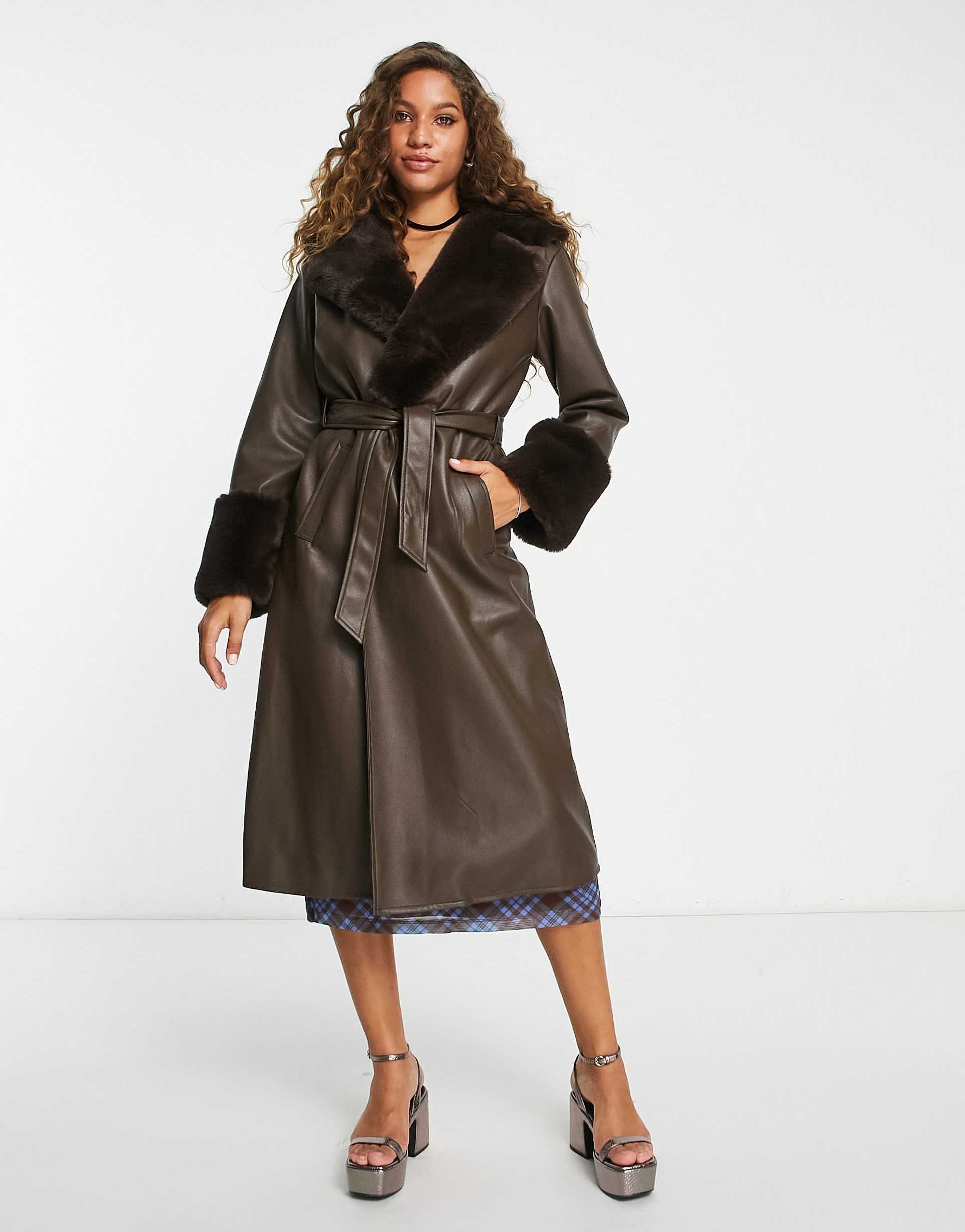 Reclaimed Vintage longline leather look mac with detachable faux fur collar in chocolate view 2