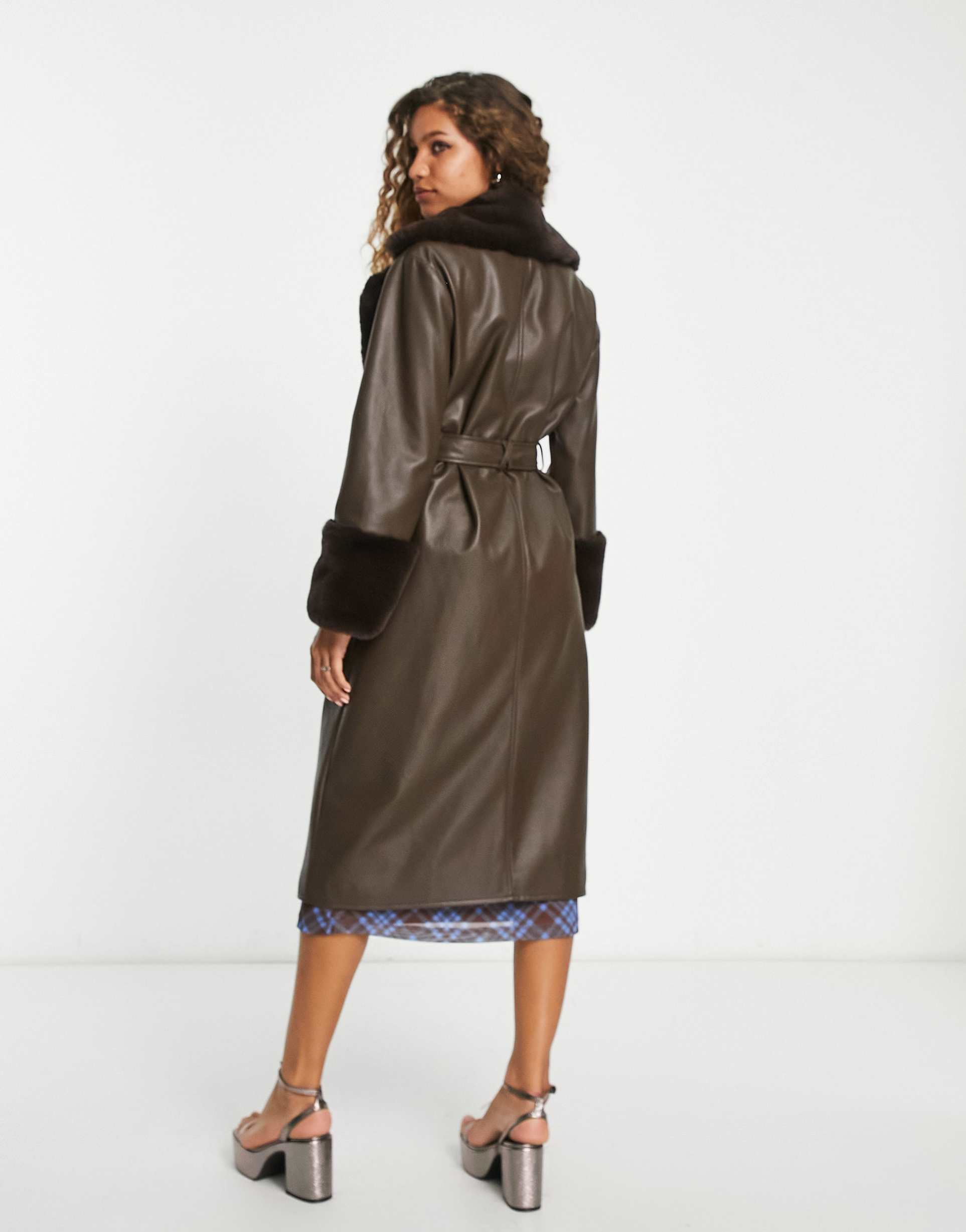 Reclaimed Vintage longline leather look mac with detachable faux fur collar in chocolate view 3