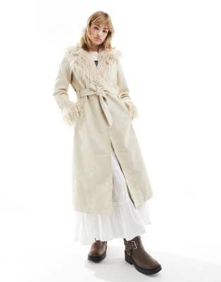 longline leather look trench coat with detachable faux fur collar in stone-Neutral