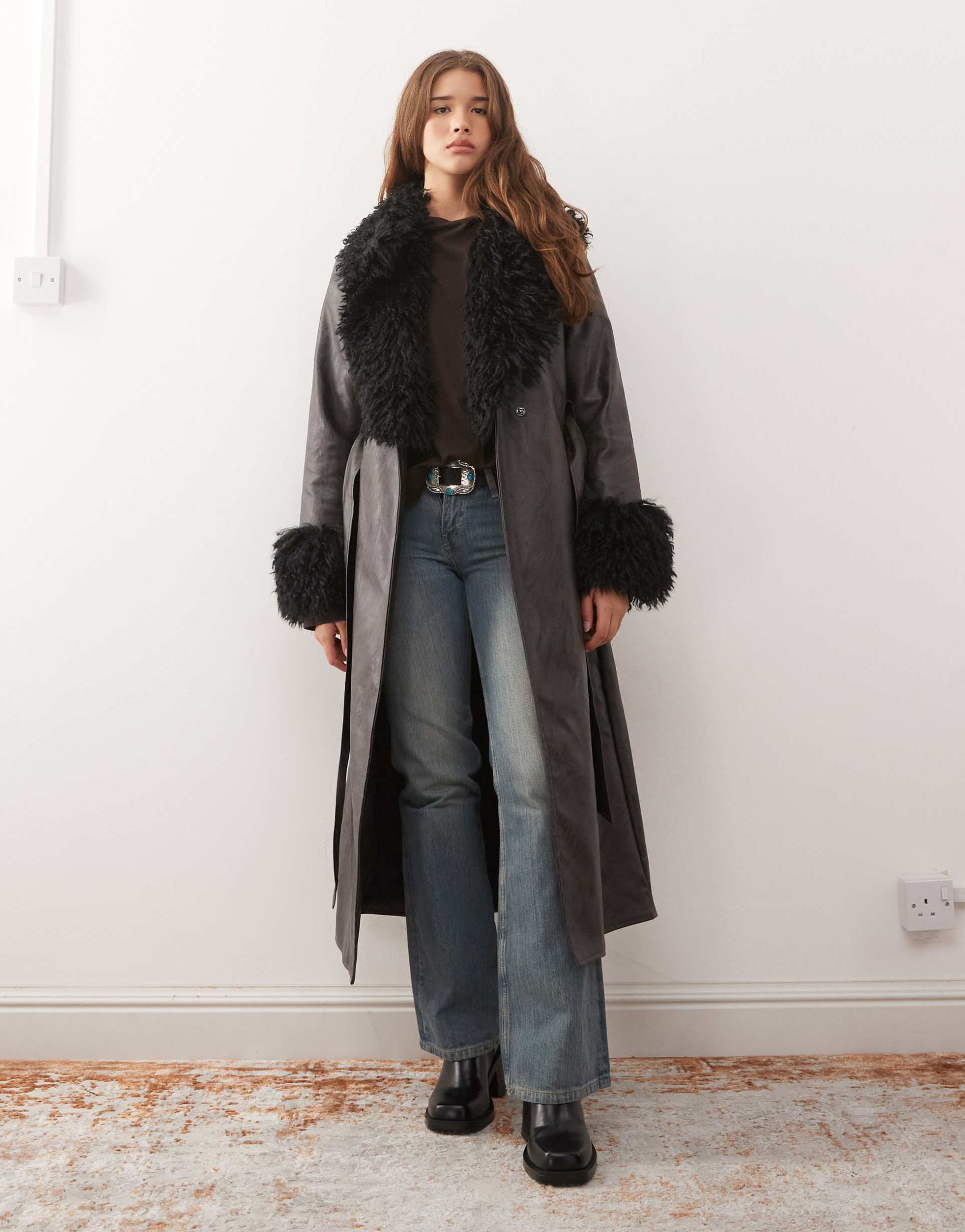 reclaimed vintage longline leather look trench coat with faux fur collar and cuffs in black