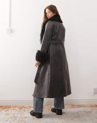 Reclaimed Vintage Longline Leather Look Trench Coat With Faux Fur Collar And Cuffs In Black
