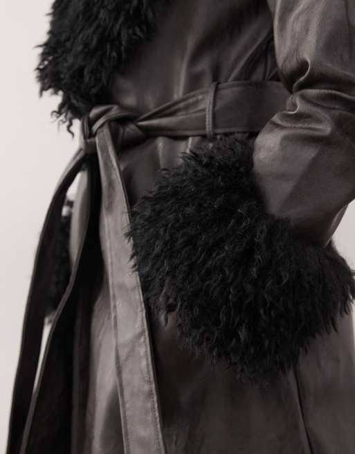 Reclaimed Vintage longline leather look trench coat with faux fur