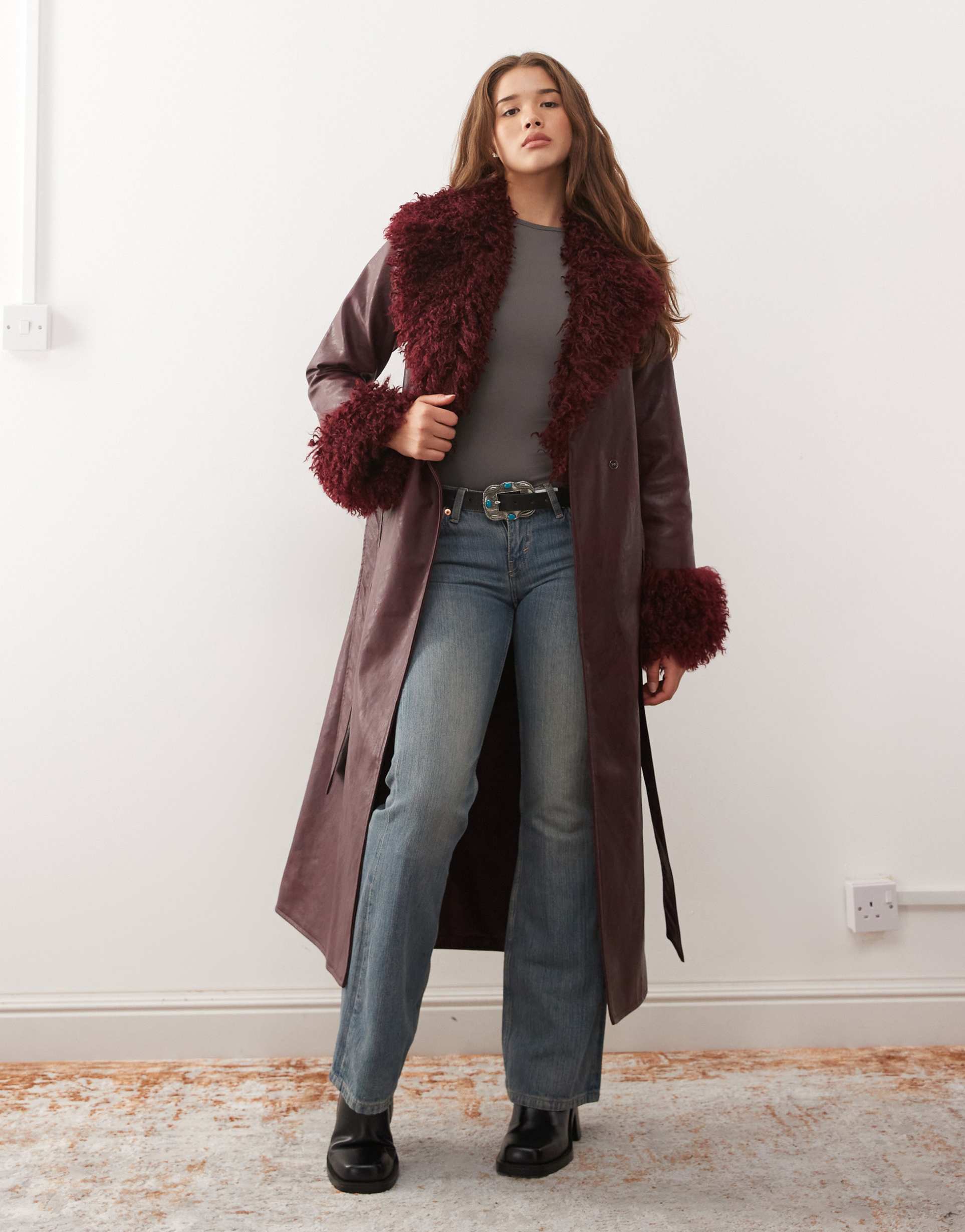 reclaimed vintage longline leather look trench coat with faux fur collar and cuffs in burgundy