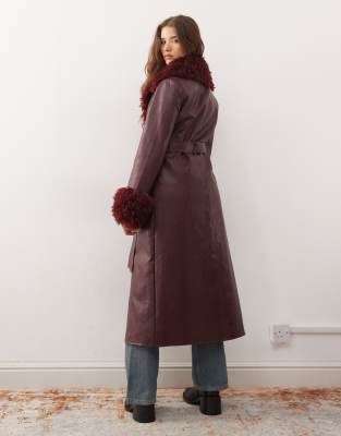 Reclaimed Vintage Longline Leather Look Trench Coat With Faux Fur Collar And Cuffs In Burgundy