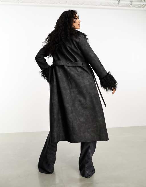 Reclaimed Vintage longline leather look trench coat with faux fur collar in  black