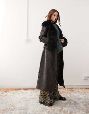 longline leather look trench coat with faux fur collar-Black