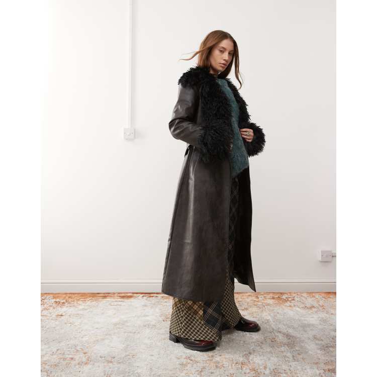 Reclaimed Vintage longline leather look trench coat with faux fur collar ASOS