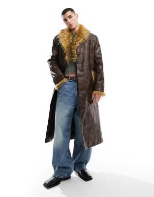 Reclaimed Vintage longline leather look trench coat with faux fur trims-Brown