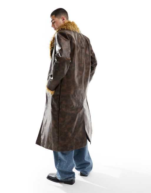 Reclaimed Vintage longline leather look trench coat with faux fur trims ASOS