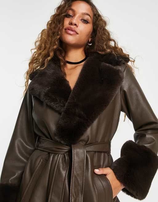 Faux Fur PU Leather Belted Coat in Brown - Retro, Indie and Unique Fashion