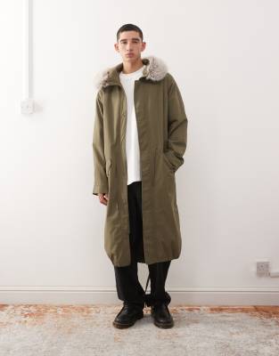 Reclaimed Vintage longline parka jacket with faux fur hood in khaki-Green
