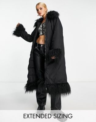 Reclaimed Vintage longline puffer coat with faux fur detail in black