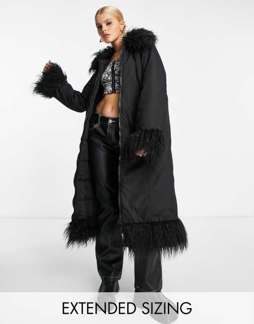 Black faux fur best sale trim longline puffer jacket